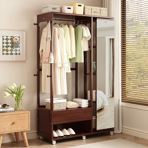 实木衣帽架带镜子一体旋转穿衣镜挂衣架落地卧室家用置物架全身镜