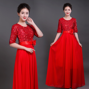 新款大合唱亮片演出服中老年长裙主持人表演服成人舞台装合唱礼服