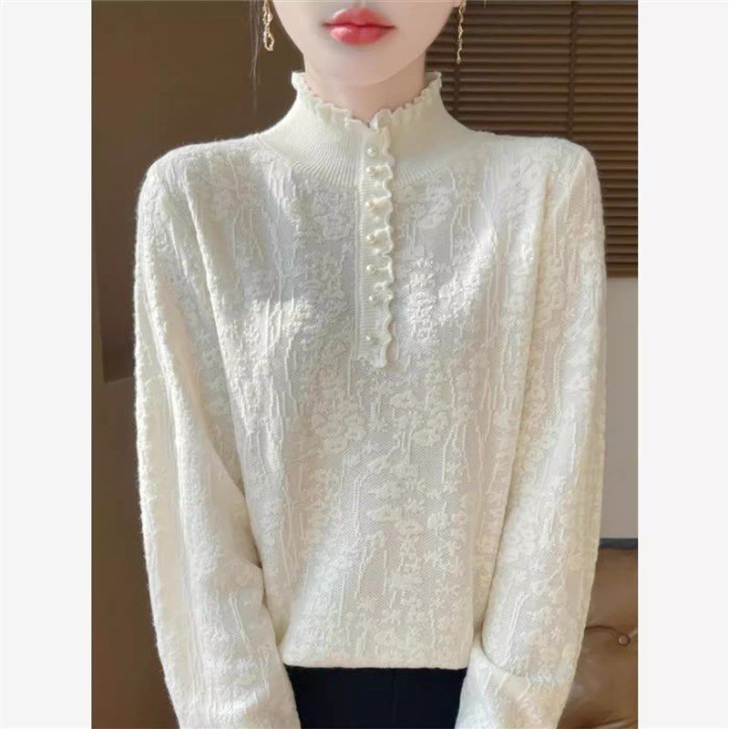 2024冬季新款洋气优雅木耳花边半高领打底衫女宽松加厚针织衫毛衣