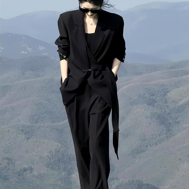速发正品设计感绑带外套阔腿裤两件套新款高级感宽松西服一整套