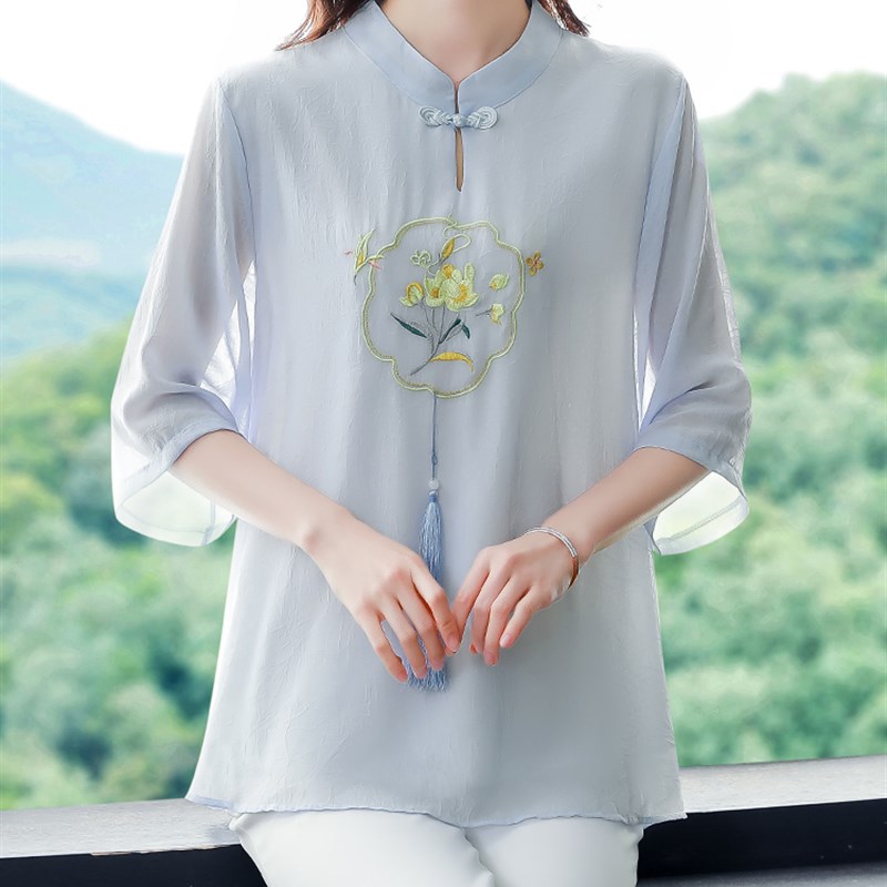 中式唐装雪纺衫女春夏季2024新款中国风禅意女装时尚绣花上衣小衫