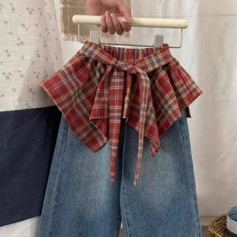 女孩的裤子2025新风格小女孩的超级漂亮覆古红色格纹系带屁股窗帘,童装/婴儿装/亲子装,儿童牛仔裤,淘宝优惠券,粉丝福利购,淘宝优惠卷