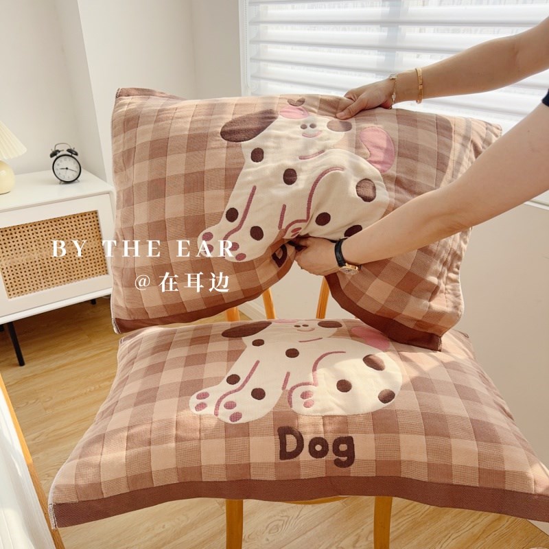 皮皮狗卡通可爱全棉纱布枕头毛巾透气吸汗色织枕巾纯棉一对装