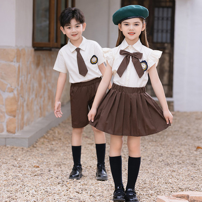 夏季英伦风短袖衬衣套装男女童园服幼儿园小学生班服校服演出服装