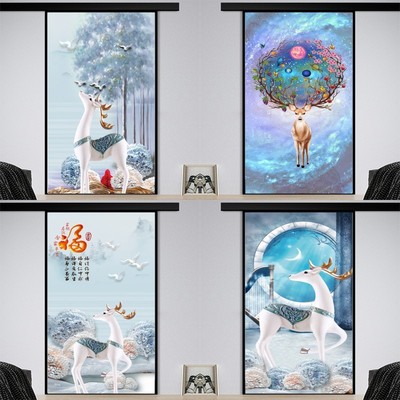 玻璃门贴纸翻新墙贴纸整张卫生间浴室旧门装饰画鹿山水木门移门