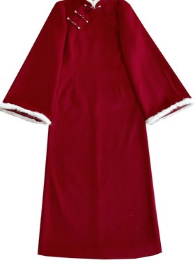 十里七巷 金玉良缘改良长款旗袍中式民国风复古秋冬毛呢连衣裙