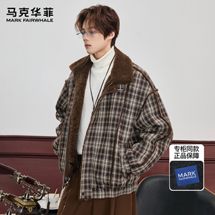 格子复古重磅加厚翻毛领宽松夹克 潮牌美式 马克华菲皮衣男新款 冬季