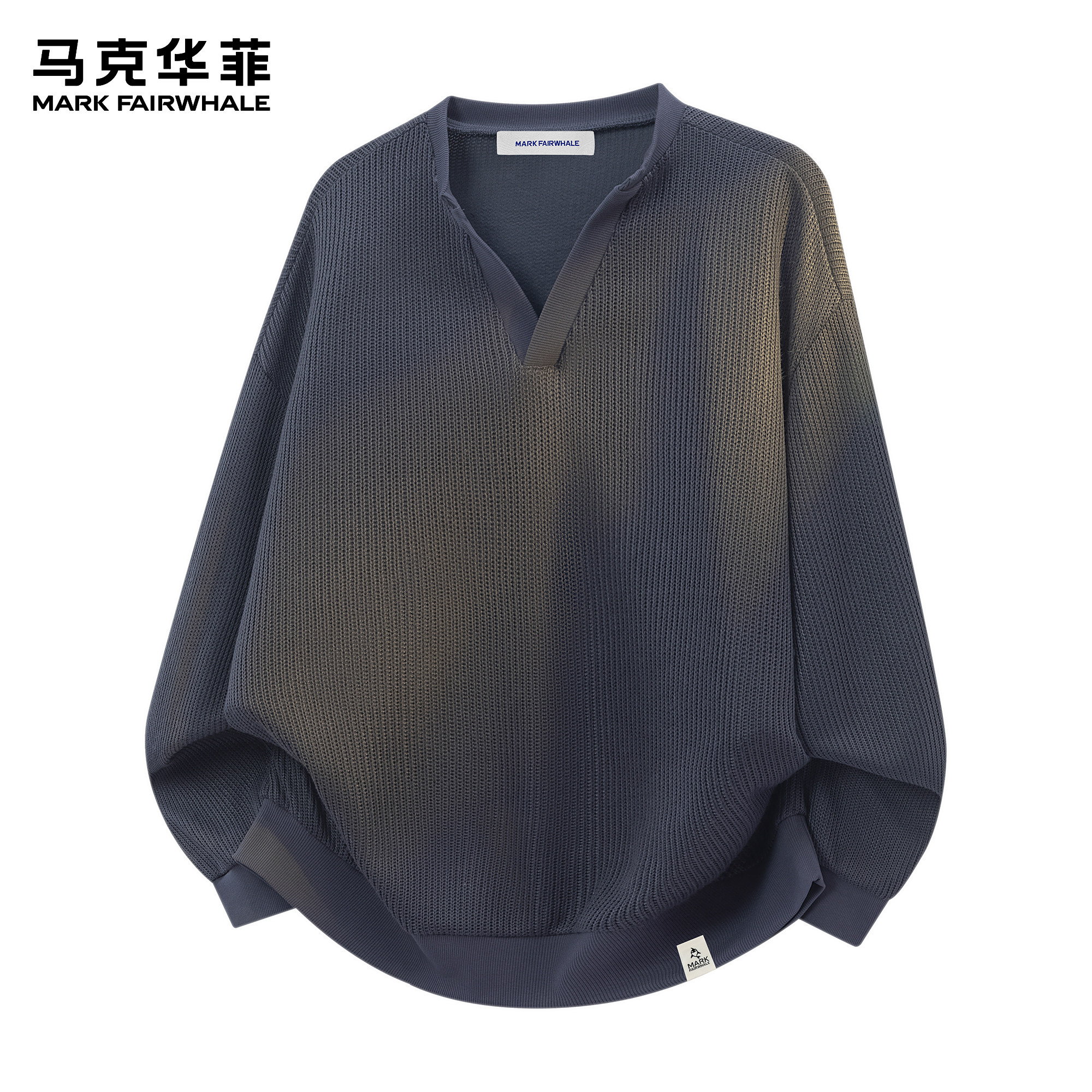 马克华菲V领卫衣男生2026新款春季潮流韩版复古藏青色宽松套头衫