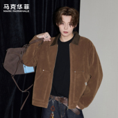 潮牌美式 马克华菲工装 夹克男新款 复古仿麂皮痞帅翻领宽松机车外套