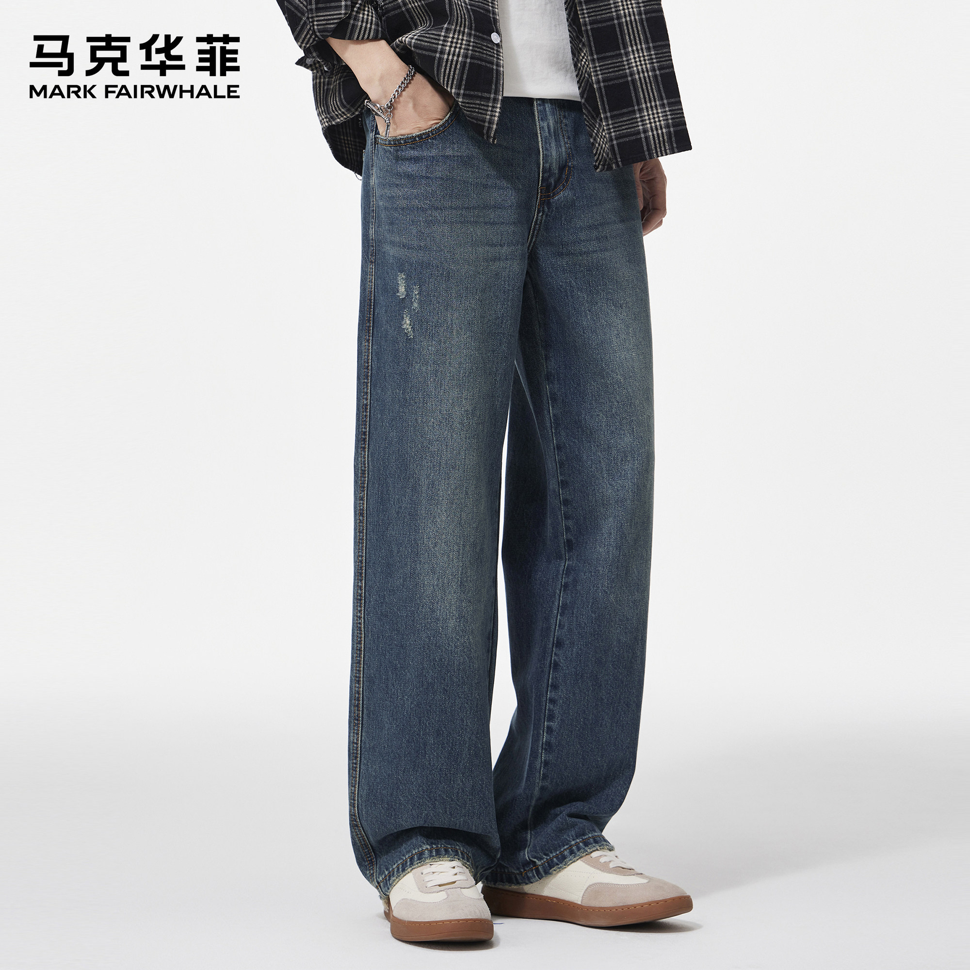 马克华菲蓝色牛仔裤男士2026新款美式复古水洗刮烂破洞宽松阔腿裤,男装,牛仔裤,淘宝优惠券,粉丝福利购,淘宝优惠卷