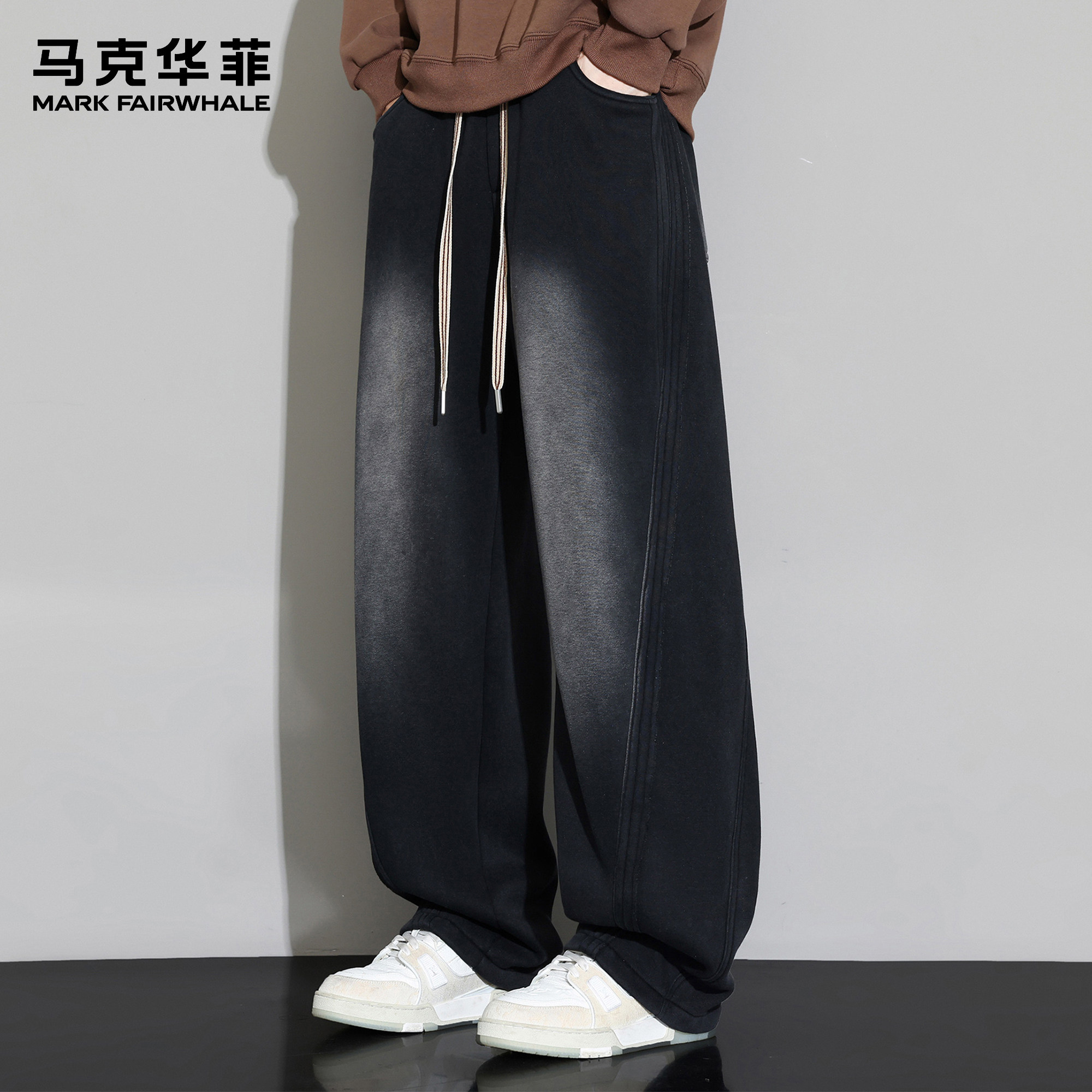 马克华菲弯刀裤男士新款潮牌美式高街复古拼接重磅加绒宽松阔腿裤,男装,休闲裤,淘宝优惠券,粉丝福利购,淘宝优惠卷