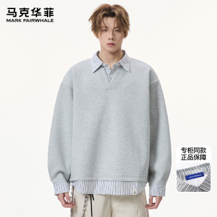 重磅复古假两件情侣条纹V领套头衫 秋季 卫衣男款 马克华菲潮牌美式