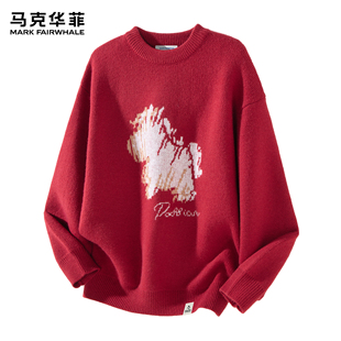 本命年红色卡通提花情侣重磅保暖宽松针织衫 马克华菲毛衣男士 新款