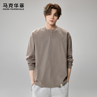 马克华菲长袖t恤男款春季潮牌日系复古慵懒风横纹圆领宽松体恤衫