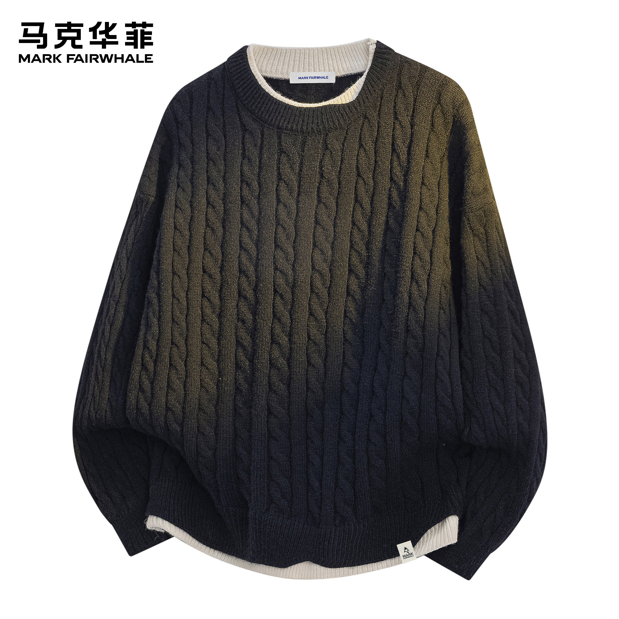 马克华菲毛衣男新款潮牌日系复古麻花撞色重磅加绒保暖圆领针织衫