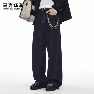 马克华菲丹宁牛仔裤男士春季新款潮牌美式高街拼接直筒复古长裤子