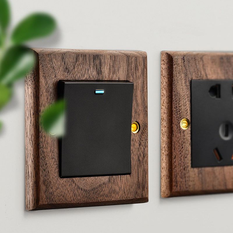 Puxi实木复古开关插座面板美式胡桃木仿古开关北欧民宿风开关面板
