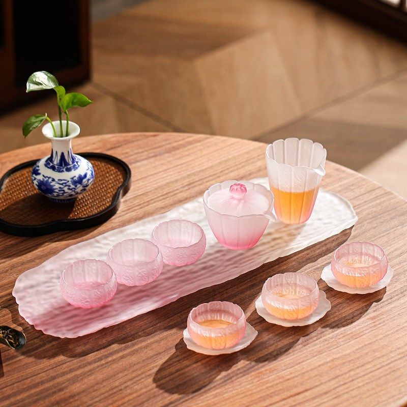 妃粉莲花水晶玻璃茶杯加厚耐热功夫茶具套装盖碗公道杯泡茶壶家用