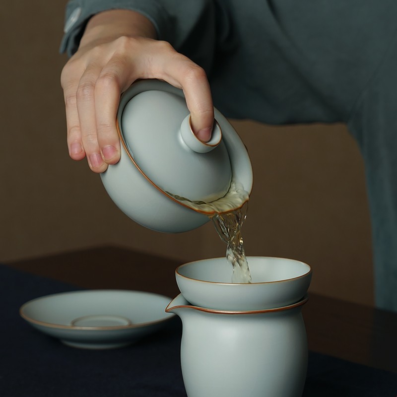 汝窑盖碗茶杯景德镇功夫茶具套装陶瓷家用简约手工青瓷茶碗礼盒装