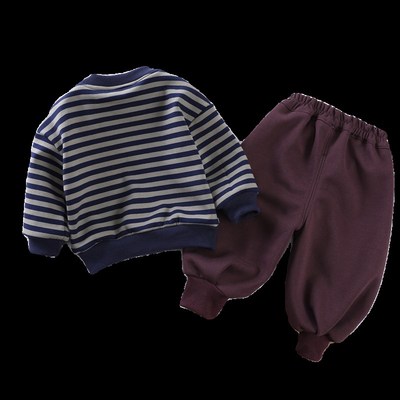 男童加绒卫衣套装条纹一体薄绒儿童装冬季两件套宝宝秋冬男孩衣服