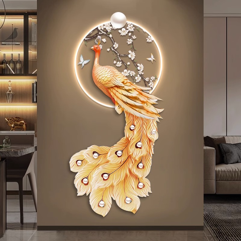 孔雀玄关装饰画新中式入门带led灯发光墙壁画正对门走廊过道挂画图片