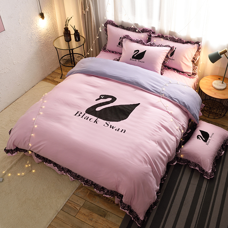 卡通绣花黑天鹅夹棉床裙四件套保暖加厚公主风少女被套床上用品