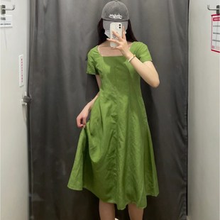 麻混紡方領(lǐng)連衣裙短袖 長(zhǎng)裙氣質(zhì)顯瘦裙子466539 女裝 度假風(fēng)U夏季