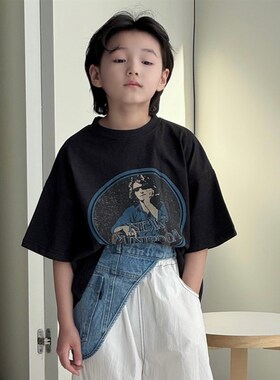 男童短袖儿童t恤上衣夏装2025夏季新款童装男孩半袖纯棉黑色衣服t