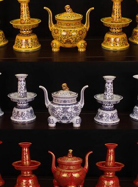 佛前五供摆件 八吉祥描绘陶瓷供具家用香炉烛台花瓶五供五件套