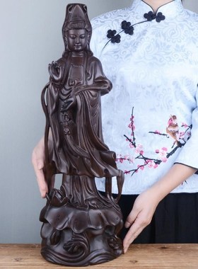 黑檀木雕观音佛像摆件实木如意观音菩萨莲花供佛家居镇宅工艺品