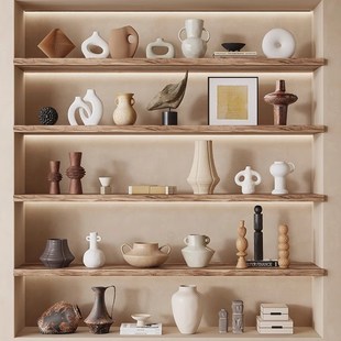 侘寂风大组合摆件陶瓷装饰现代复古原木风民宿酒店开放格书柜摆设