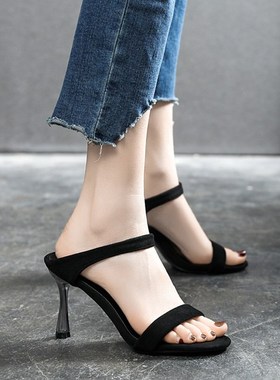 黑色露趾高跟鞋细跟中跟大码女凉鞋41-43夏季外穿凉拖小码313233