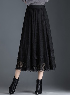 黑色裙子女2021秋冬新款蕾丝半身裙镂空高腰a字裙大摆裙长裙百褶