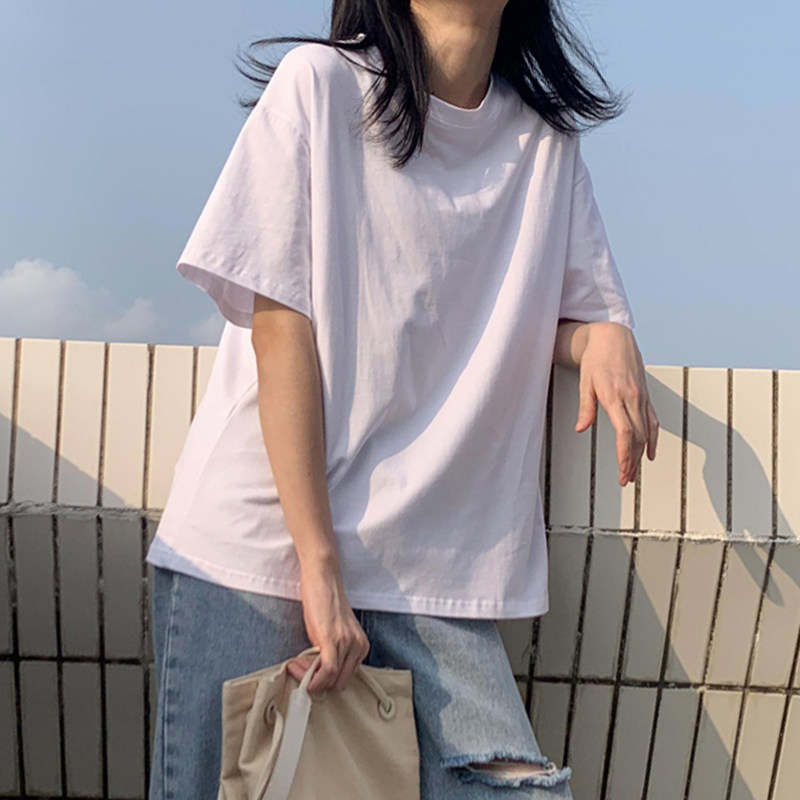 纯白短袖t恤韩版宽松全棉落肩半袖夏季新款纯色港风少女休闲上衣