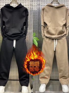 秋冬款加绒加厚套装男士连帽卫衣情侣款百搭运动纯色休闲两件套男