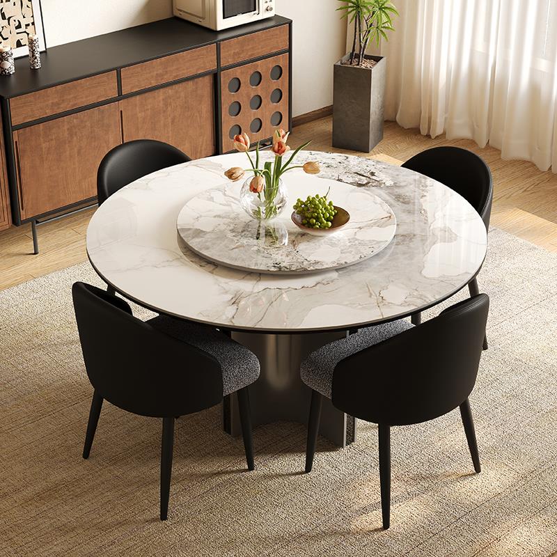 意式极简岩板餐桌椅组合现代简约家用小户型圆桌带转盘吃饭桌子