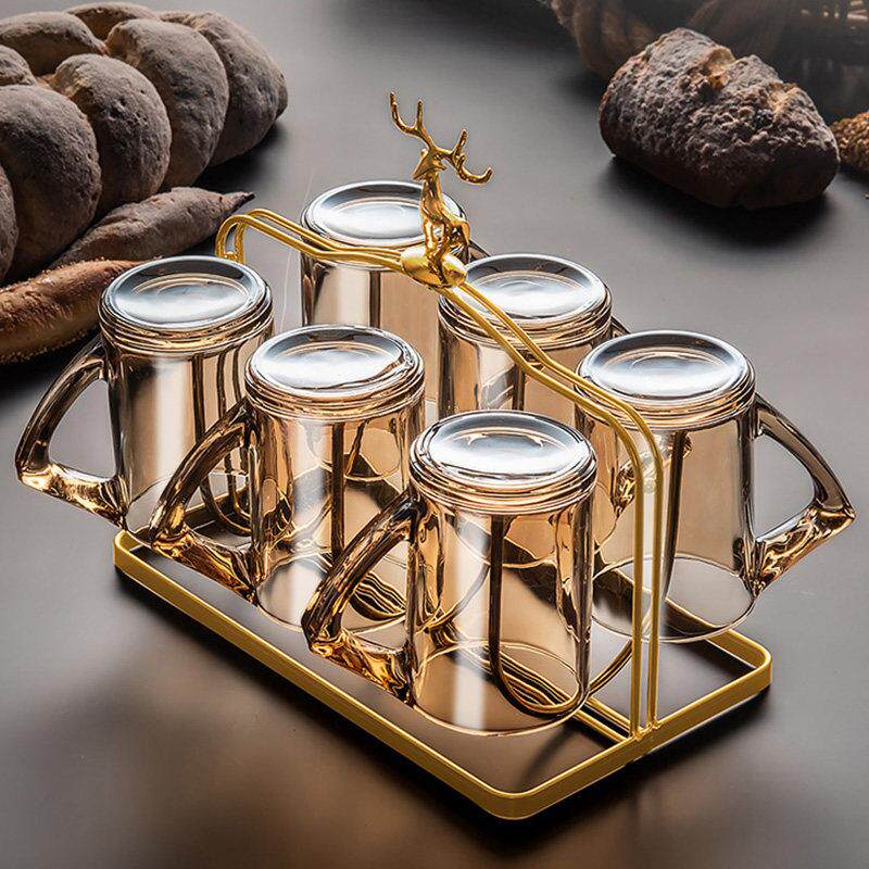 玻璃杯家用套装耐热带把模型公室水杯茶杯咖啡杯客厅待客喝水杯子