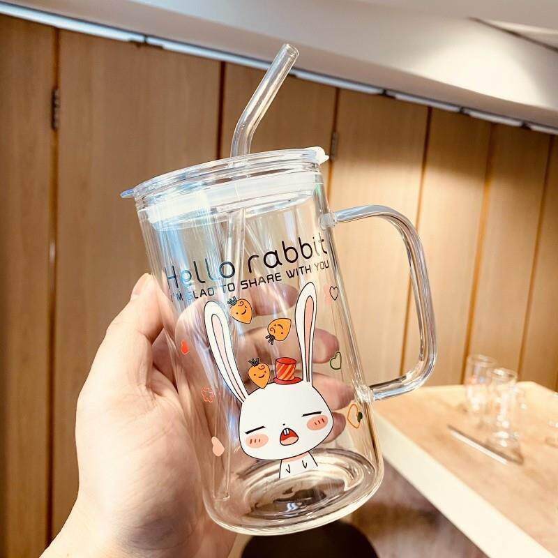 杯子女可爱少女玻璃杯带盖子把吸管刻度办公室大容量水杯女耐热茶