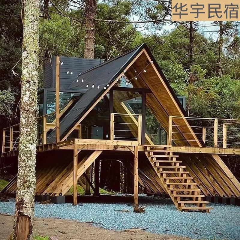 户外防腐木小木屋景区移动实木三角售货亭民宿别墅庭院木房子定制