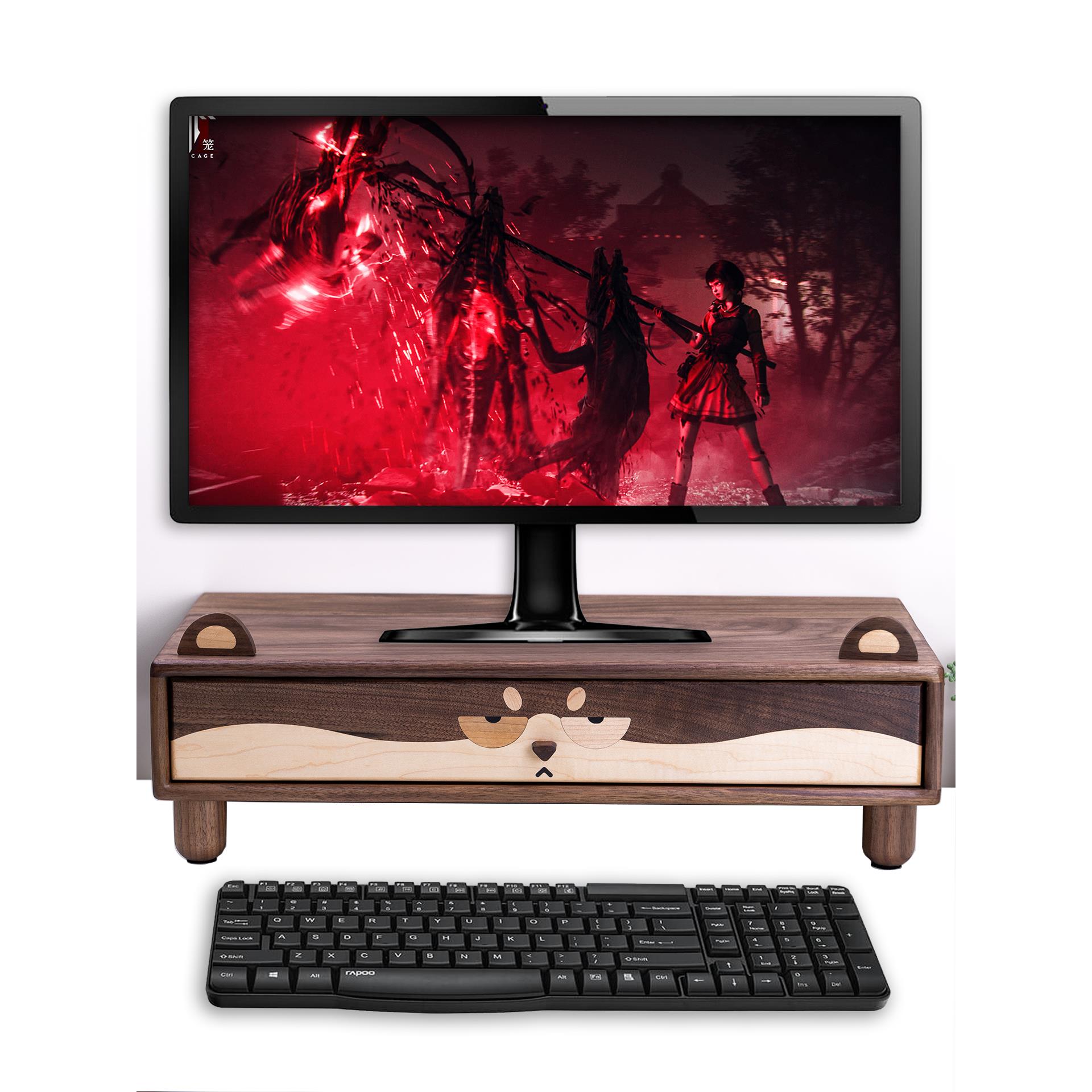 黑胡桃可爱小狗桌面显示器笔记本增高架书桌收纳置物架抽屉收纳盒