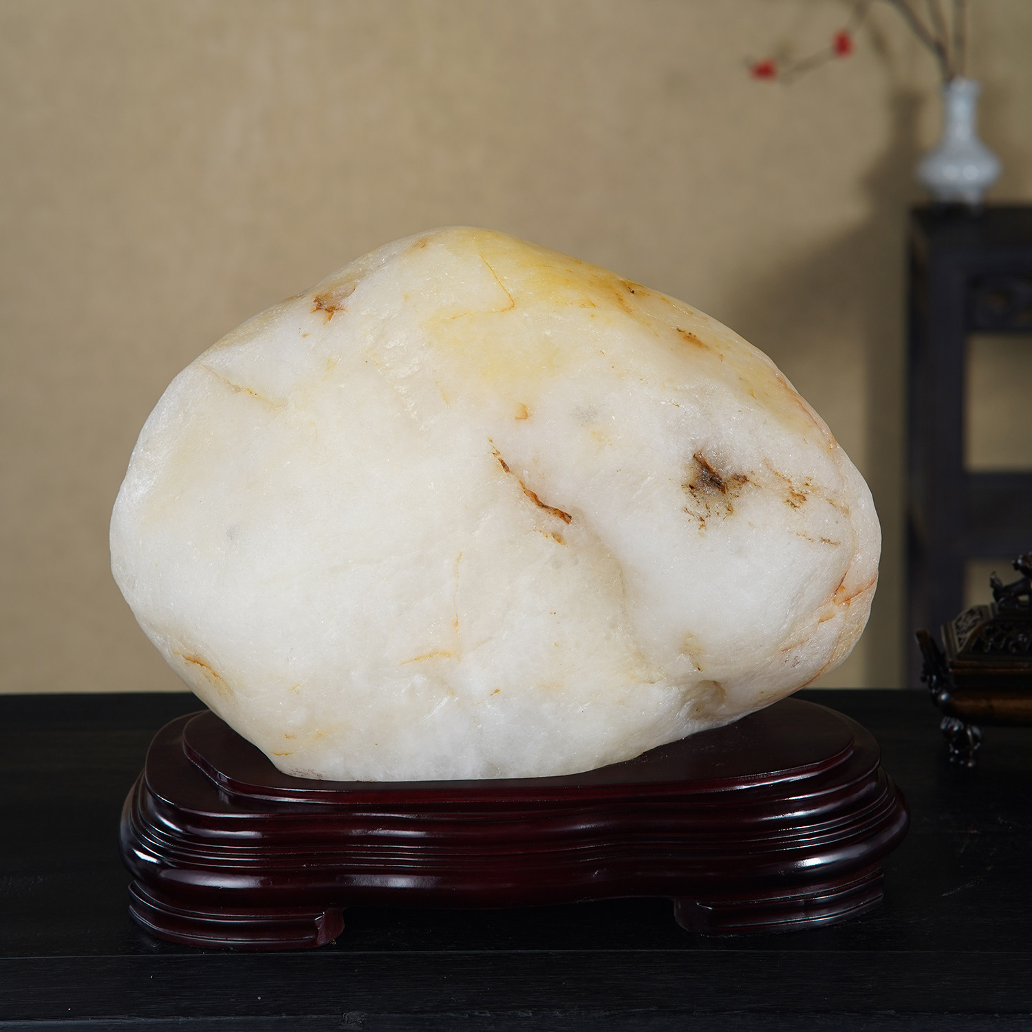 顶爷天然原石奇石【玉猫衔瑞】黄蜡石白色猫咪石头摆件镇宅靠山石