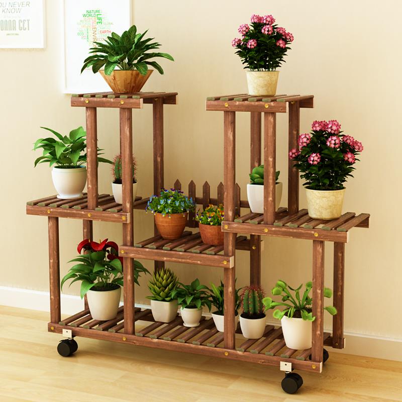 防腐木木质多肉花架子室内家用植物摆放客厅花盆架带轮多层置物架