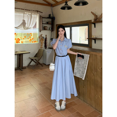 实拍大码女装2025夏季新款百搭显瘦文艺蓝色连衣裙女装面试裙子