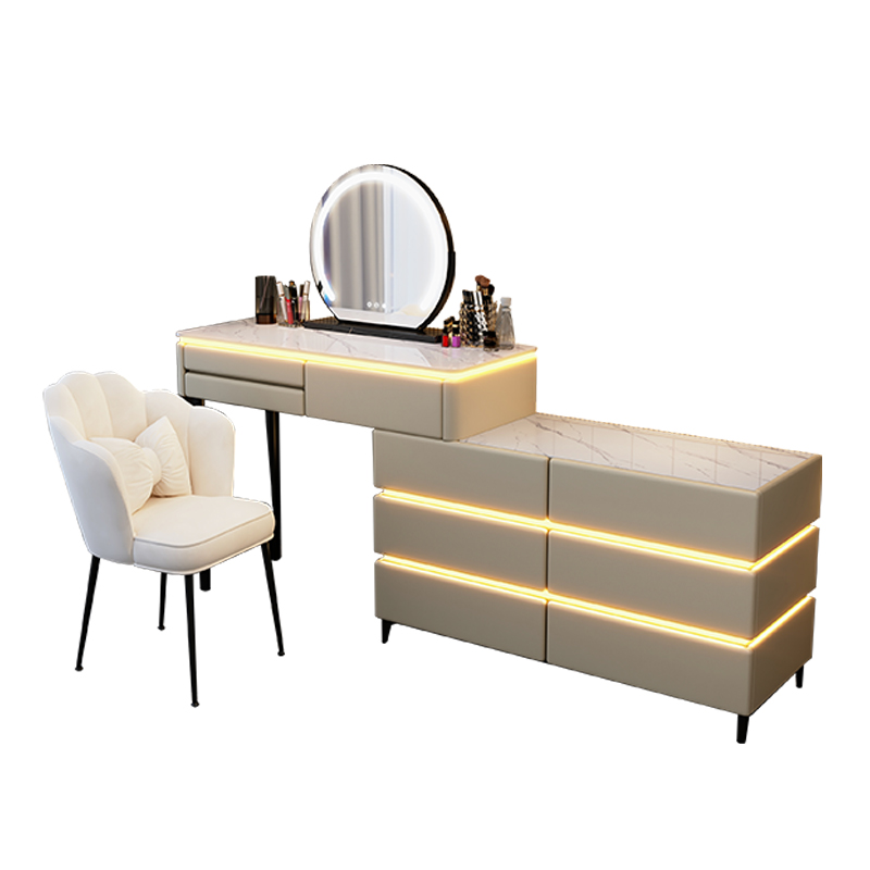 实木岩板化妆台卧室现代简约奶油风高级感化妆台收纳柜一体化妆桌