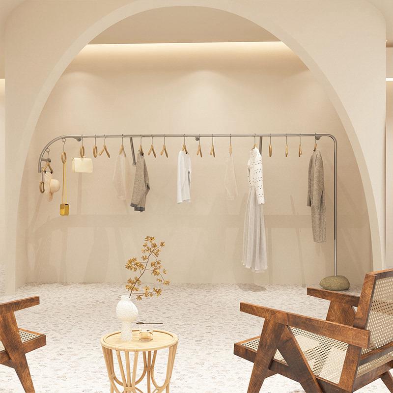 服装店展示架女装货架陈列架落地式不锈钢银色拉丝货架上墙挂衣杆