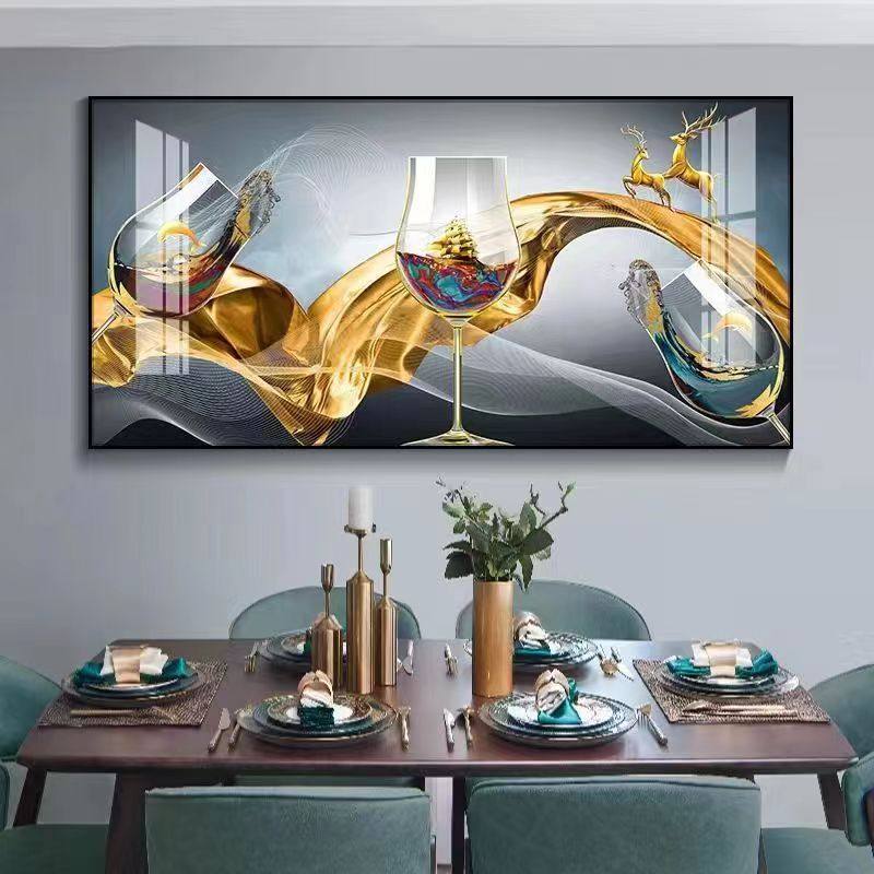 餐厅装饰画现代简约挂画饭厅墙有框晶瓷画大气红酒杯单幅装饰画