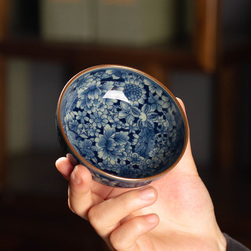 名悟柴窑c青花普洱杯 手绘万花主人杯 内外画全满高端釉下陶瓷茶