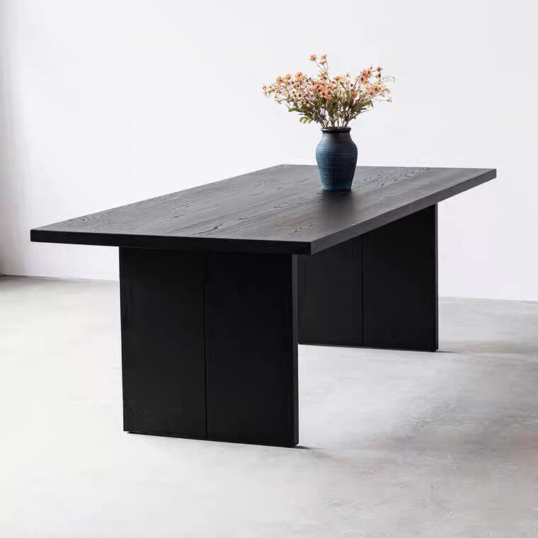 现代极简实木黑色办公q桌诧寂风原木洽谈桌长方形会议桌客厅工作