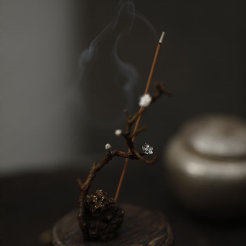 月拾伍全手工雕h刻高端香器梅花铜制石梅银香插手工便携香座长12C