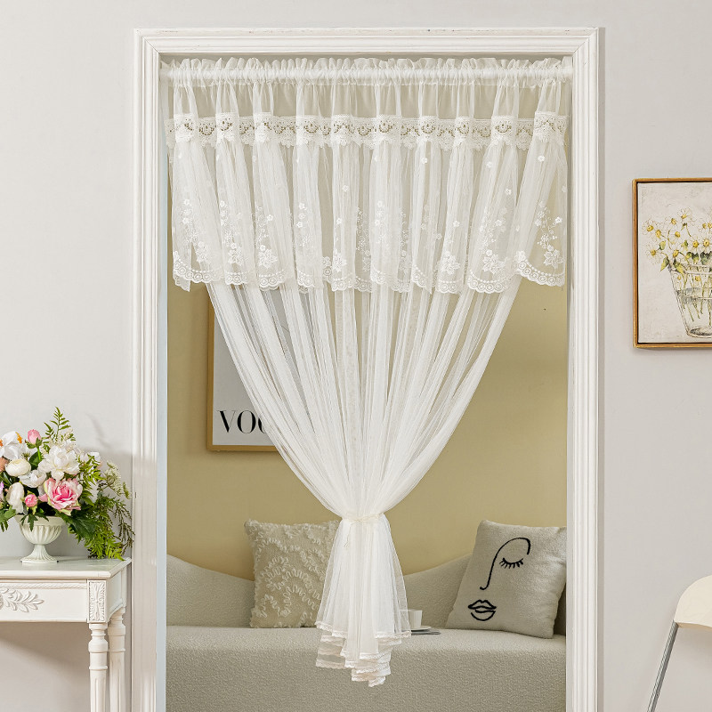 门帘隔断帘房间蕾丝纱帘免打孔伸缩杆H法式田园厨房卫生间半截短